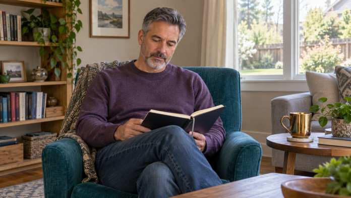 Man in a purple sweater looking at an open notebook in a teal armchair beside a gold mug.