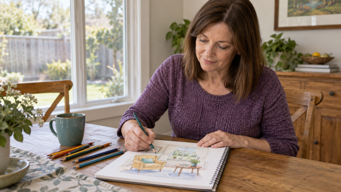 Woman in a purple sweater drawing a comfortable room in a sketchbook at a home table beside colored pencils and a teal mug.