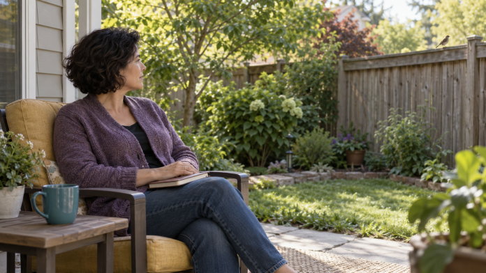 Garden reflection at home Woman in a purple cardigan sitting on a home patio with a notebook, looking toward a small bird on a distant garden fence.