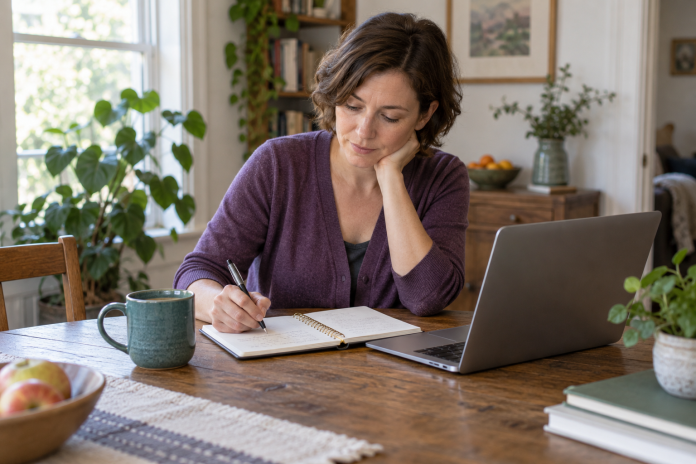 Woman in a purple cardigan writing in a notebook beside a laptop and teal mug