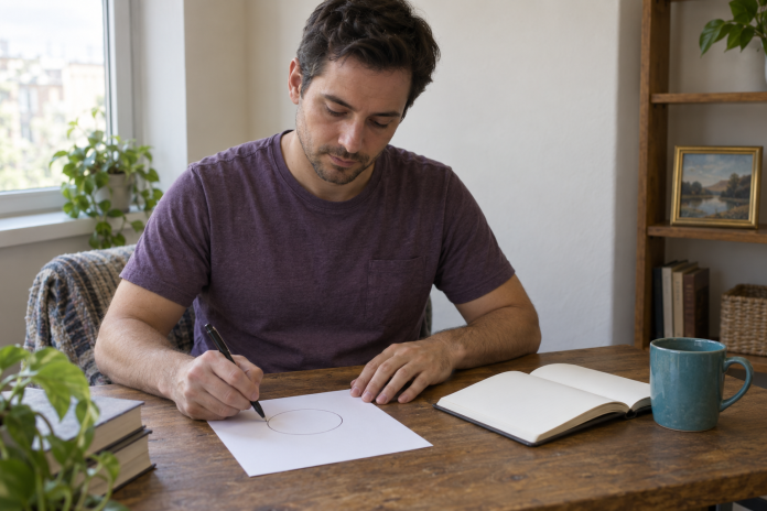 Pen-and-paper reflection at home Man drawing a simple circle on paper at a home desk beside a notebook and teal mug.