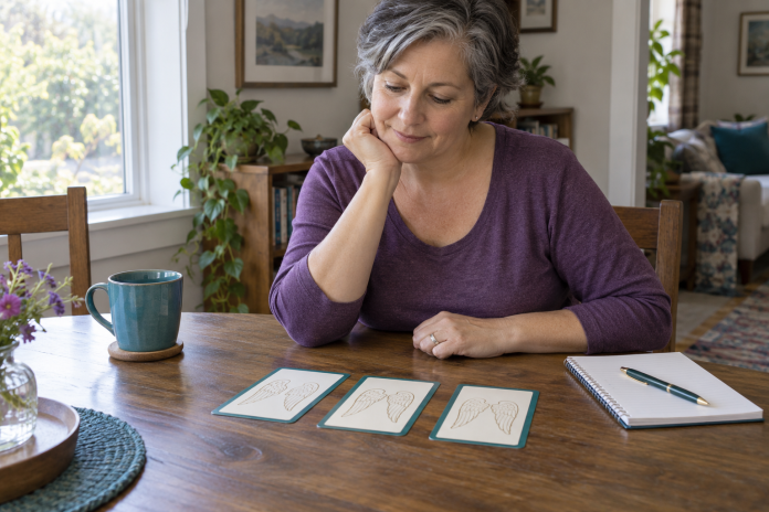 Woman in a purple top looking at three wing-illustrated cards beside a notebook and teal mug at a home table.