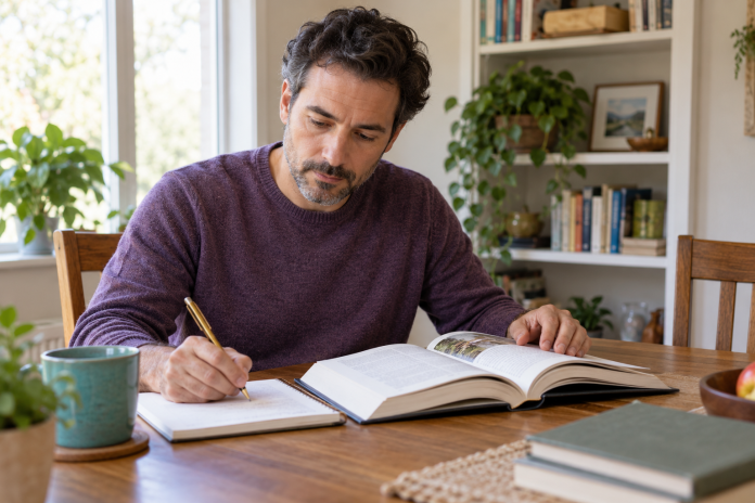 Man in a purple sweater reading a book and writing notes at a home table beside a teal mug.