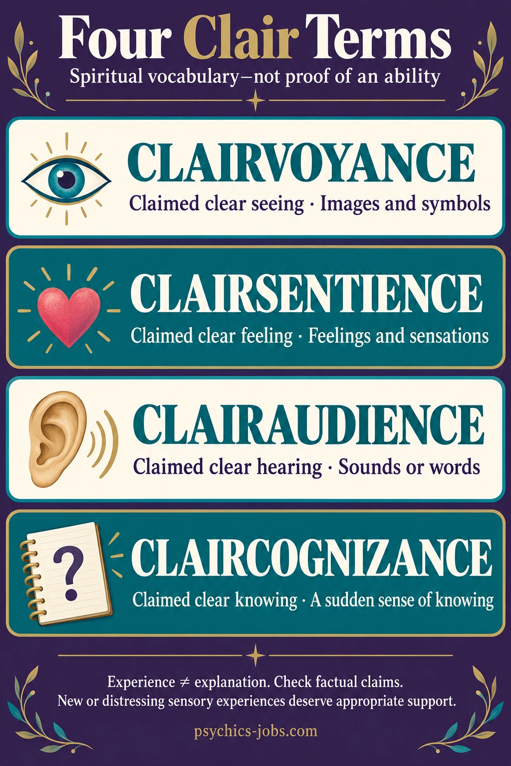 Four spiritual clair terms compared: clairvoyance, clairsentience, clairaudience and claircognizance. Vocabulary is not proof of an ability.