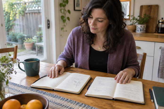 Comparing notebooks at home Woman comparing two open notebooks at a kitchen table beside a teal mug.