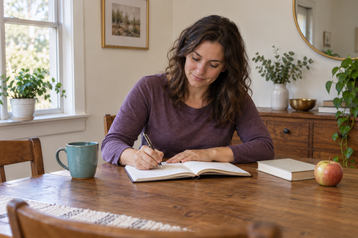 Woman in a purple shirt writing in a notebook at a home table beside a teal mug, closed book and apple