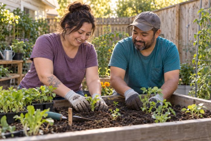 Two adults in purple and teal shirts planting seedlings together in a backyard raised bed