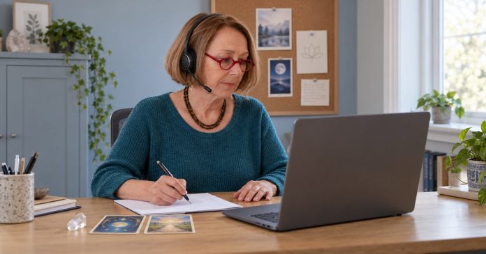 medium-training-distinct-model-20261014 A mediumship student using a headset and laptop for an online practice session, with oracle cards and a crystal on her desk.