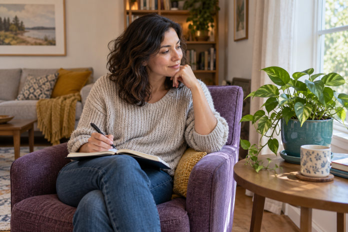 Woman seated in a purple armchair with a notebook, looking toward a houseplant.
