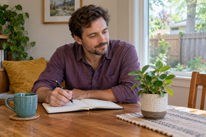Man holding a pen over an open notebook while looking at a potted plant on a home table.
