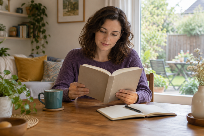 Reading at home Woman reading a book at a wooden table beside an open notebook and teal mug.