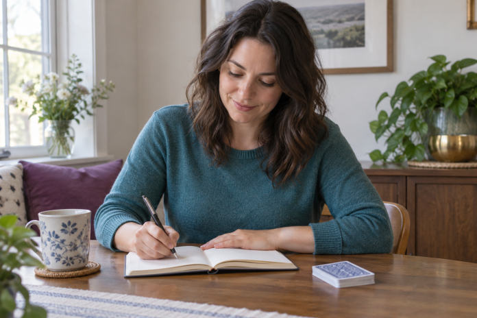 Woman writing in a notebook at a home table beside a stack of face-down playing cards.
