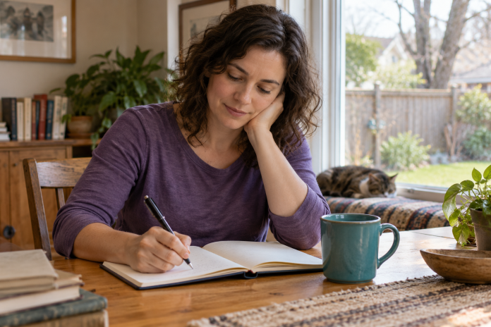 A woman writing in an open notebook at a home table beside a teal mug.