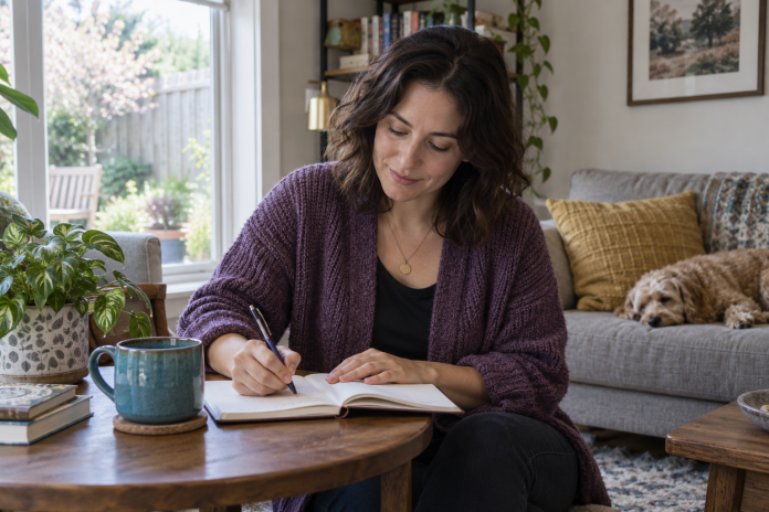 An adult writing in an open notebook at a table in a living room.