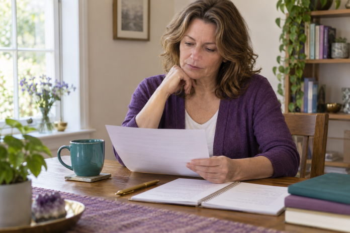 Woman in a purple cardigan reviewing a handout beside an open notebook and teal mug at a home table