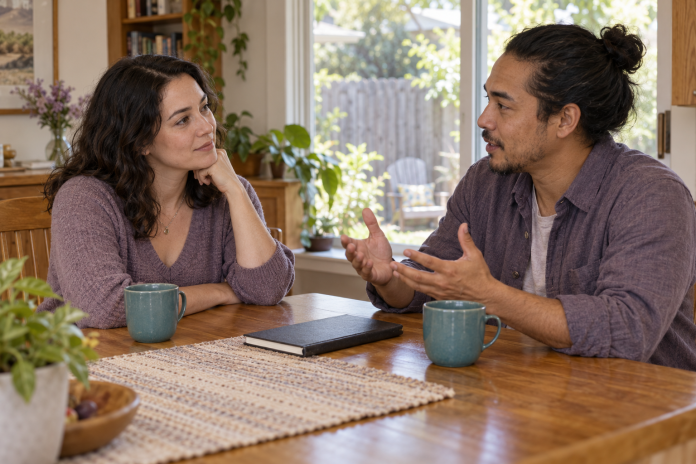 Two adults talking at a home dining table with a closed notebook and two teal mugs.