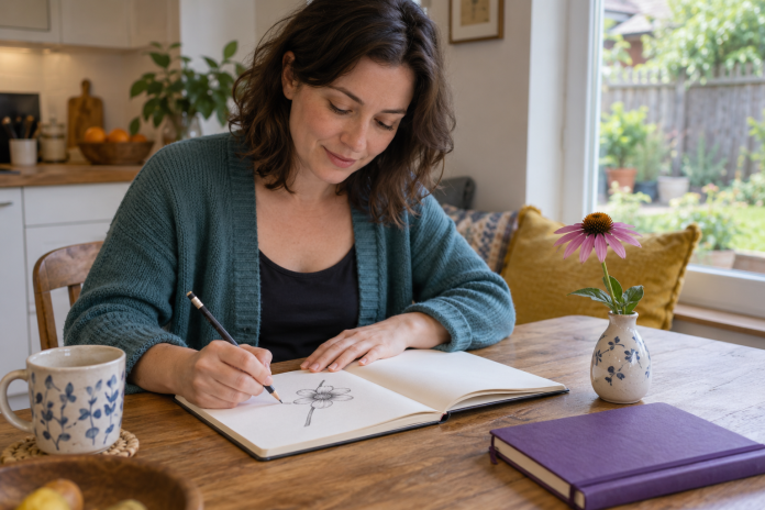 Woman sketching a flower in an open sketchbook at a home table beside a vase and purple notebook.