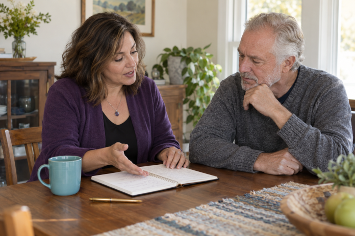 Two adults discuss an open notebook at a home dining table with a teal mug.