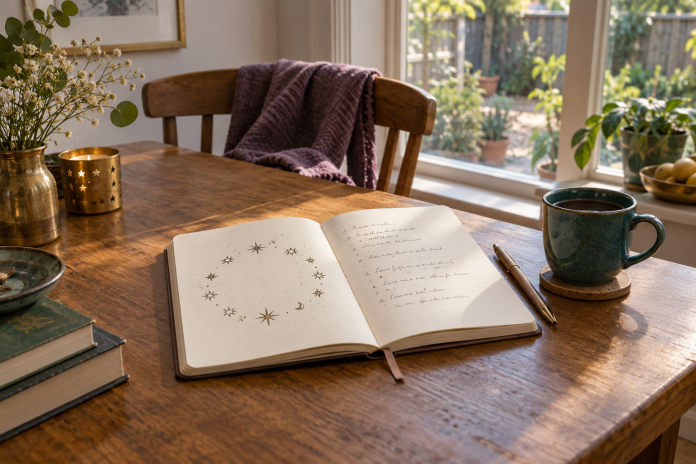 Star-sketch notebook at home Open notebook with star sketches on a wooden table beside a pen and teal mug.